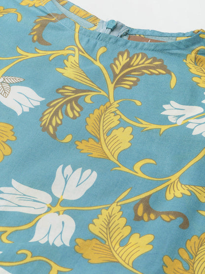 Turquoise Floral Cold Shoulder Midi Kurta