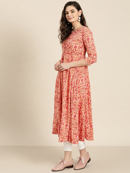 Women's Peach Floral Front Open Anarkali Kurta in Cotton by Shae for wholesale, bulk, supplier, manufacturer and wholesaler buyers from Trendphoria