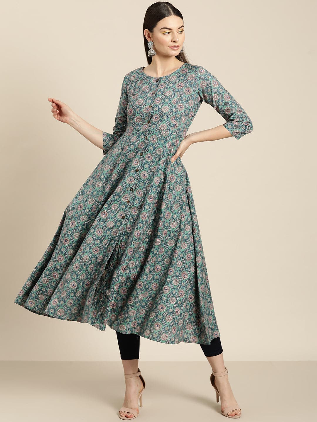 Women's Sea Green Floral Front Open Anarkali Kurta in Cotton by Shae for wholesale, bulk, supplier, manufacturer and wholesaler buyers from Trendphoria