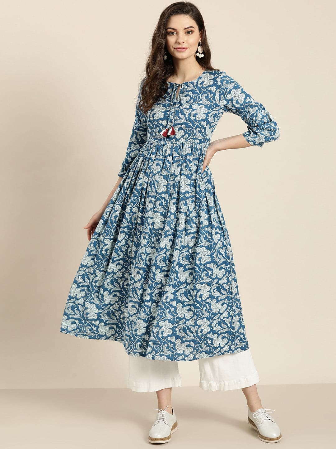 Blue Floral Gathered Kurta-Kurtas-SASSAFRAS