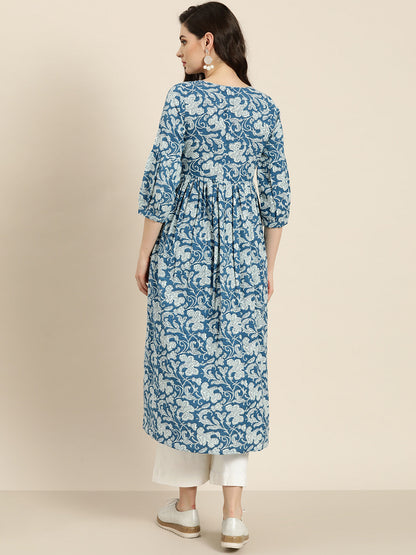 Blue Floral Gathered Kurta