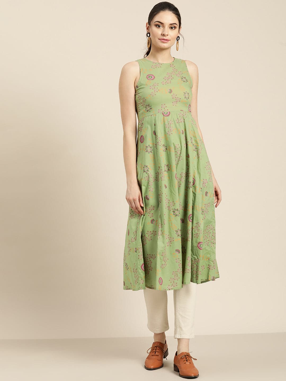 Green Printed Sleeveless Kurta-Kurtas-SASSAFRAS