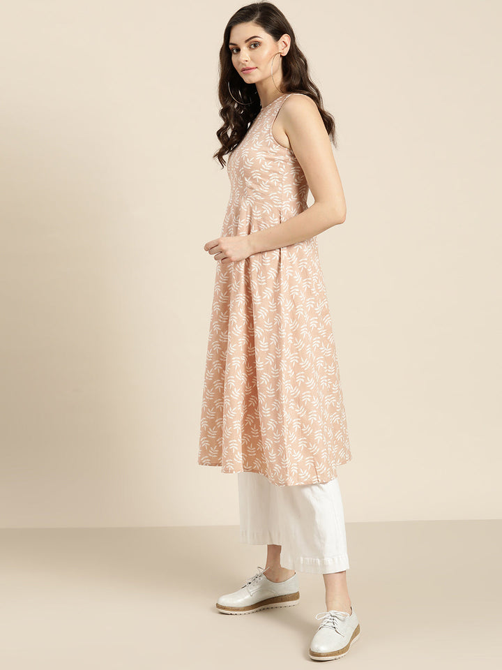 Peach Printed  Sleeveless Kurta