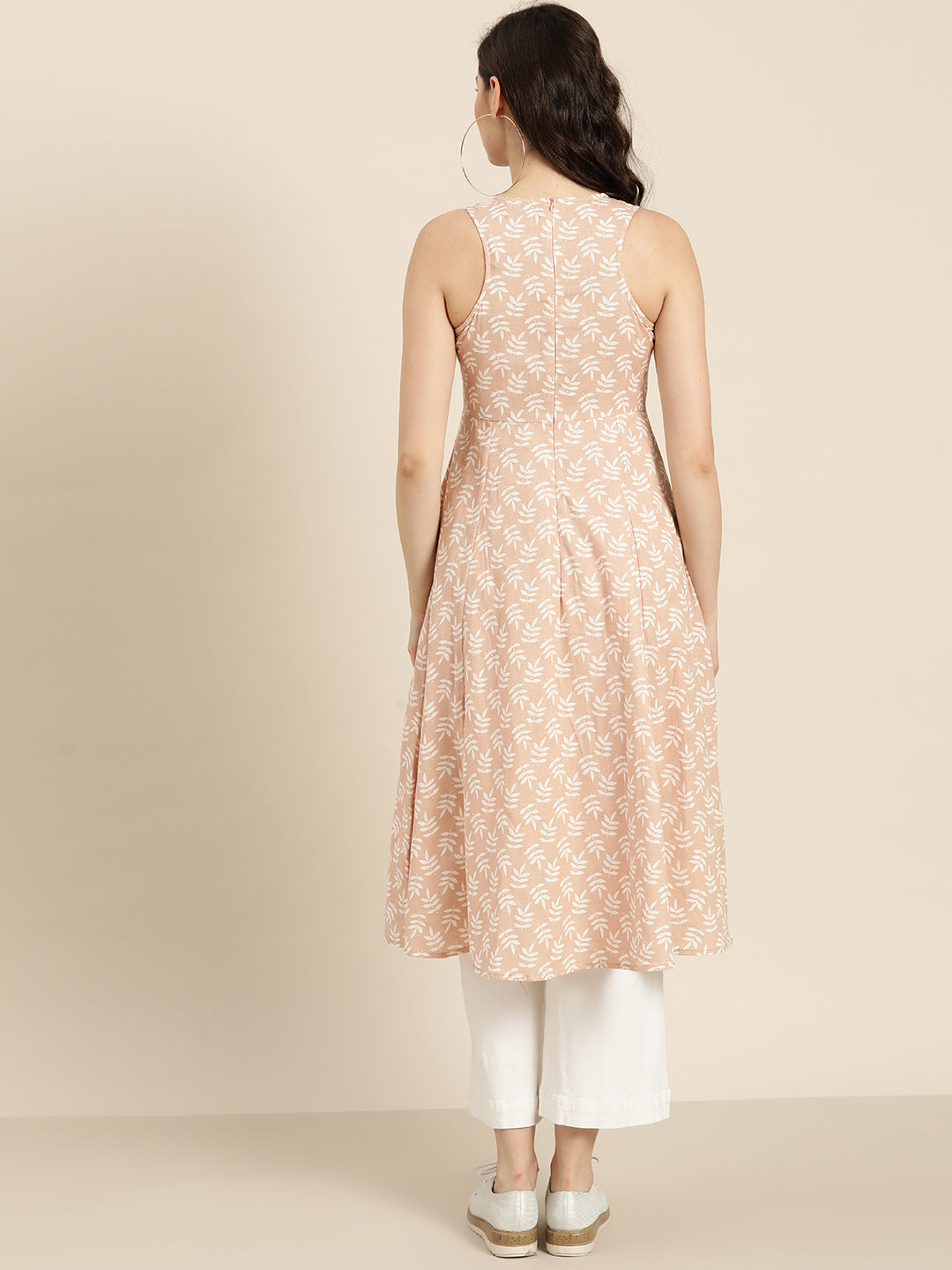 Peach Printed  Sleeveless Kurta