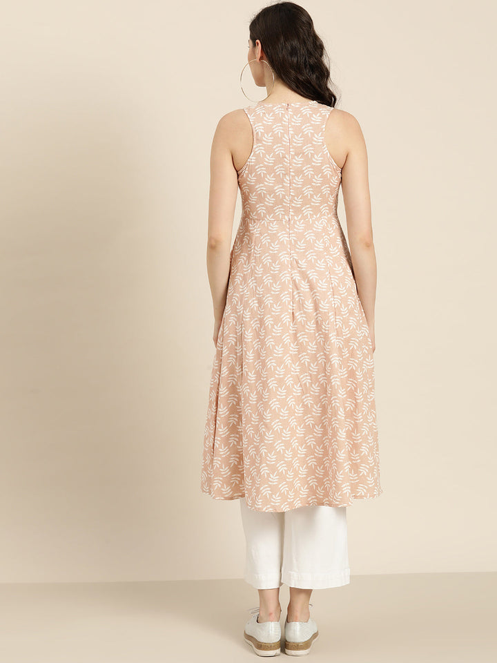 Peach Printed  Sleeveless Kurta