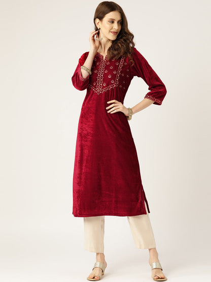 Maroon Zari Embroidery V-Slit Straight Velvet Kurta-Kurtas-SASSAFRAS