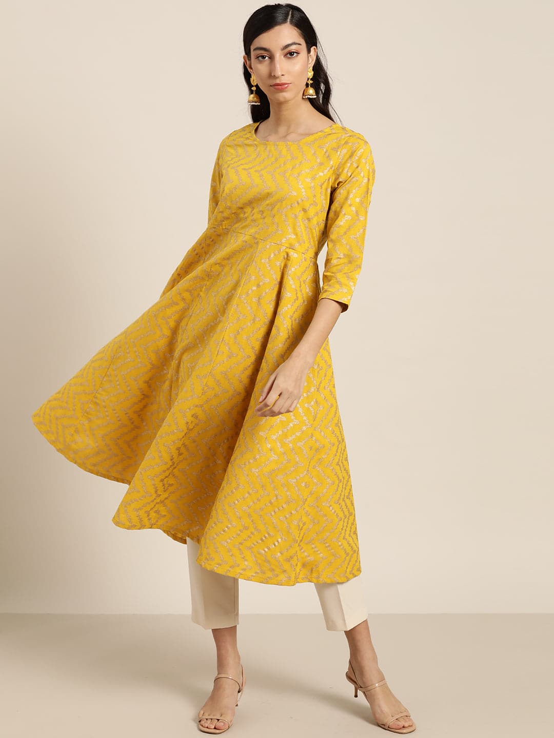 Yellow Foil Chevron Anarkali Midi Kurta