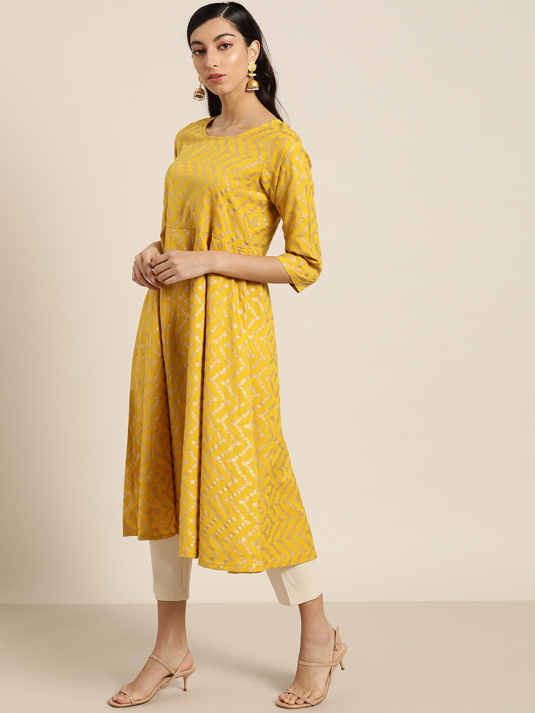 Yellow Foil Chevron Anarkali Midi Kurta