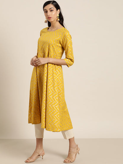Yellow Foil Chevron Anarkali Midi Kurta