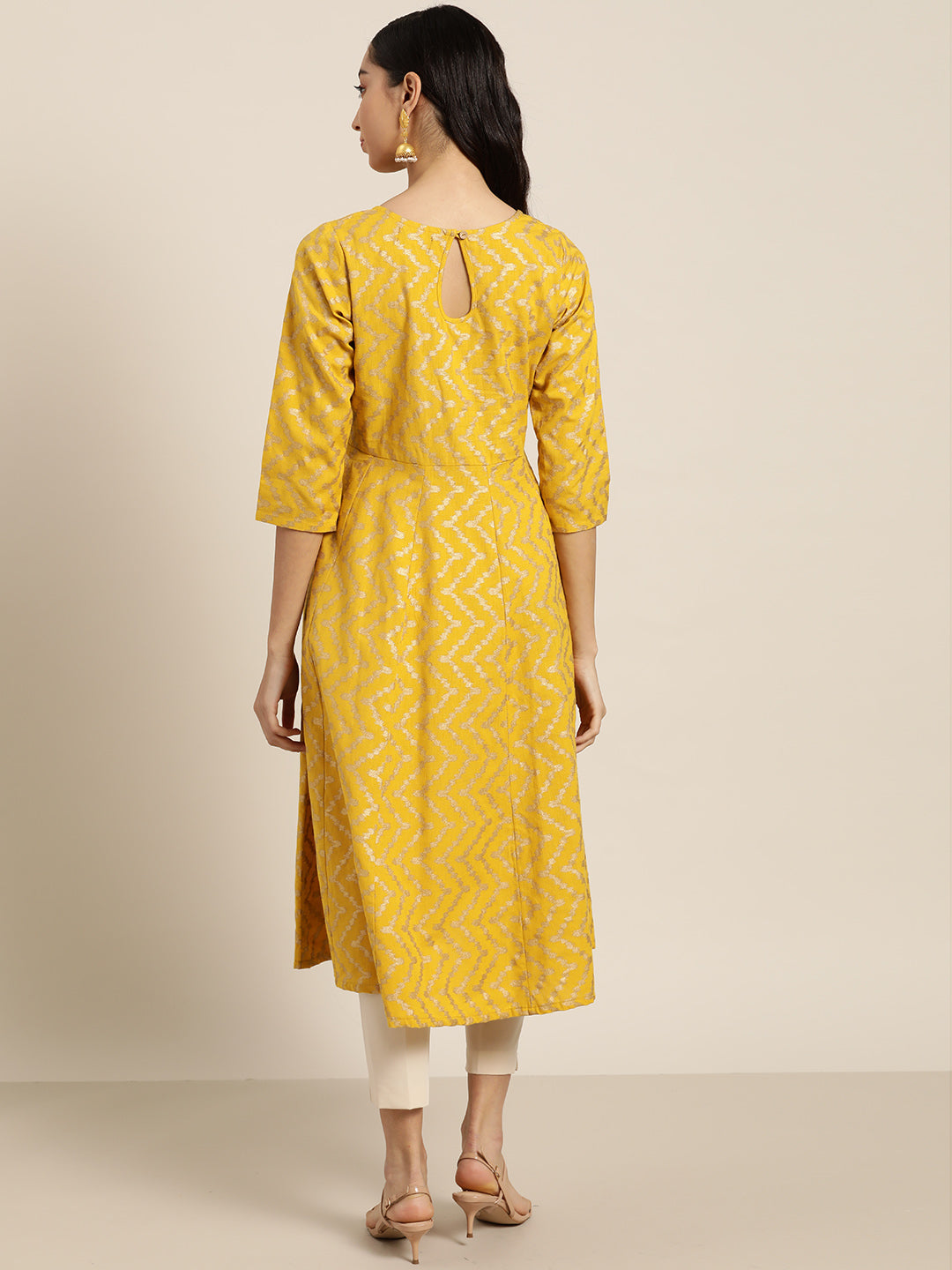 Yellow Foil Chevron Anarkali Midi Kurta