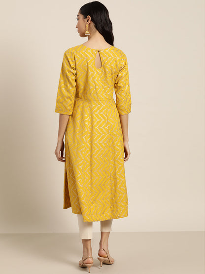 Yellow Foil Chevron Anarkali Midi Kurta