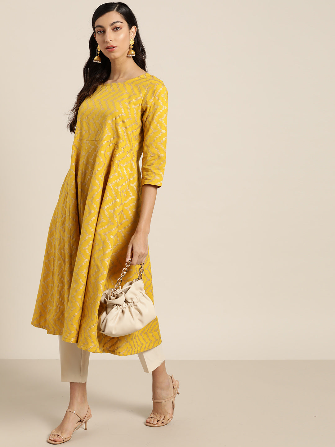 Yellow Foil Chevron Anarkali Midi Kurta