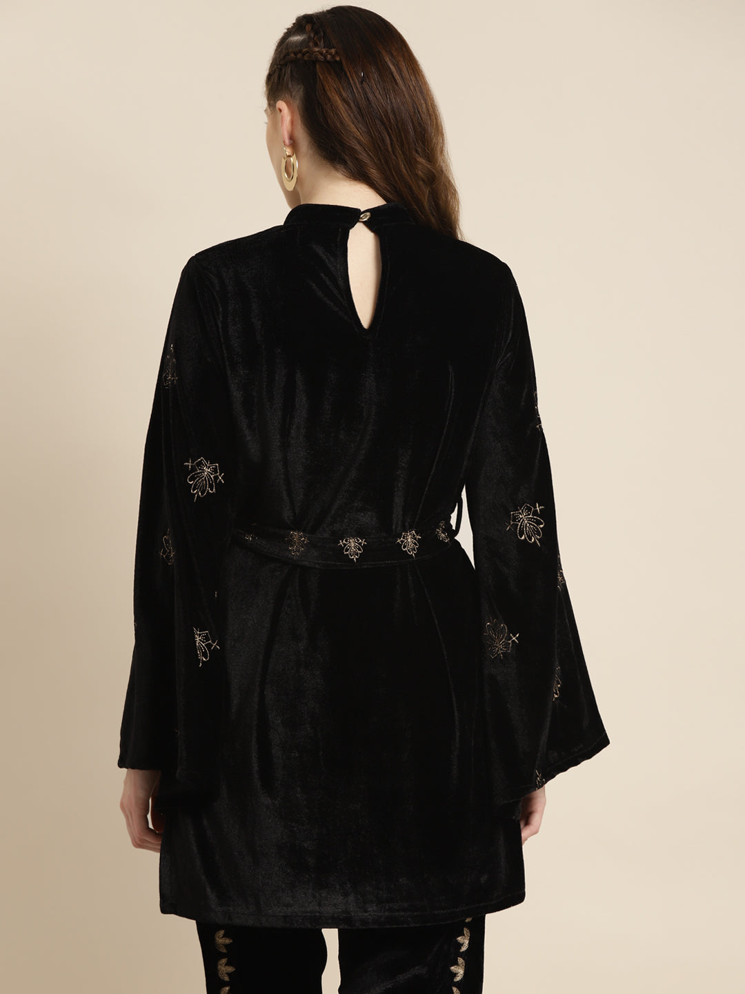 Black Velvet Zari Embroidered Belt Short Kurta