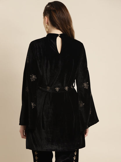 Black Velvet Zari Embroidered Belt Short Kurta