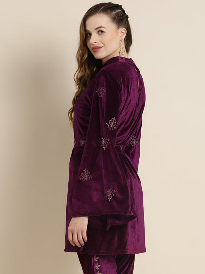 Purple Velvet Zari Embroidered Belt Short Kurta
