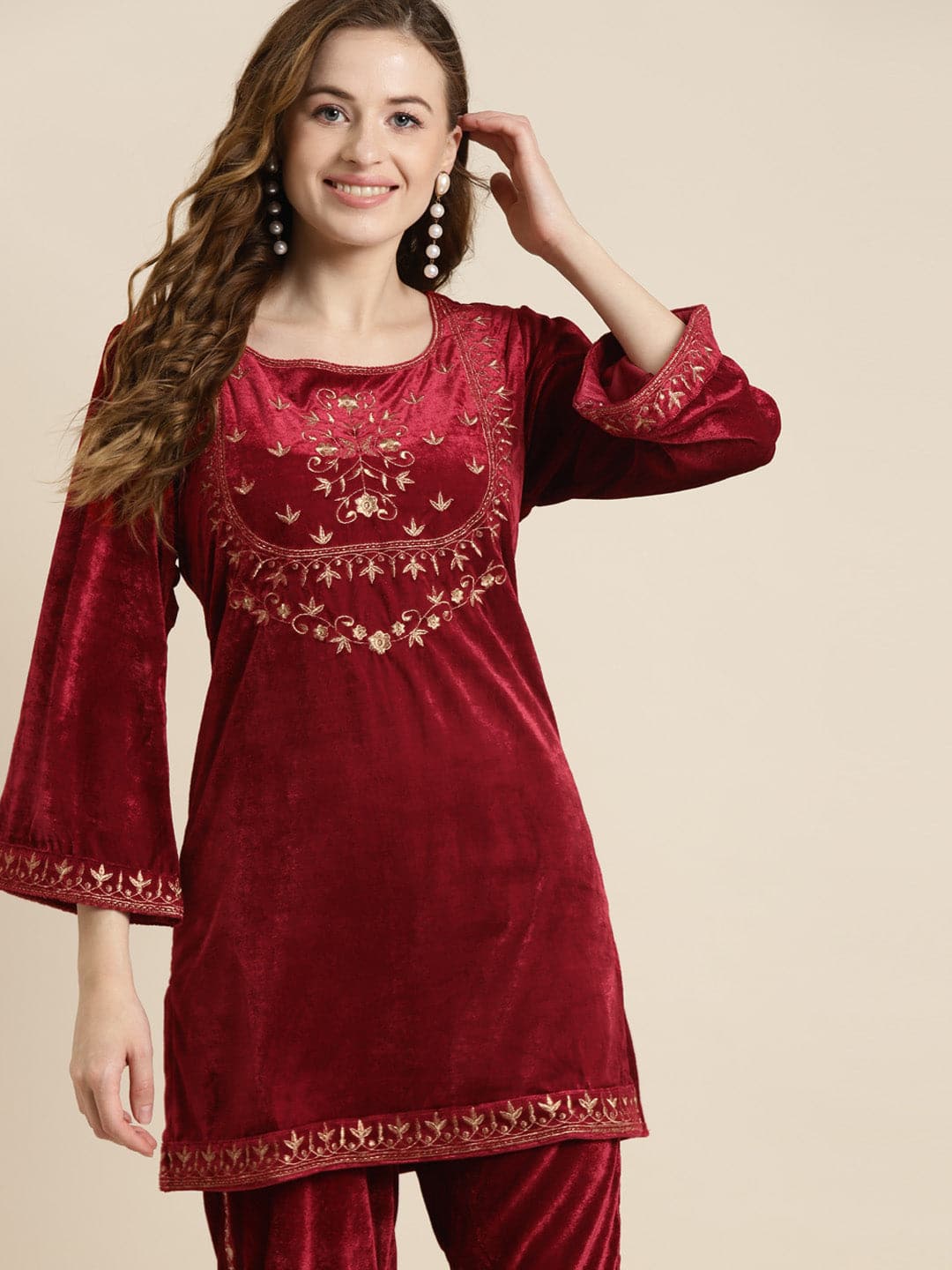 Maroon Velvet Floral Zari Embroidered Short Kurta-Kurtas-SASSAFRAS
