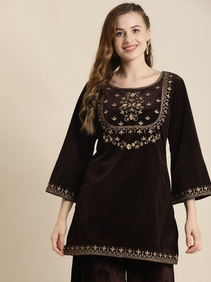 Brown Velvet Zari Embroidered Short Kurta-Kurtas-SASSAFRAS