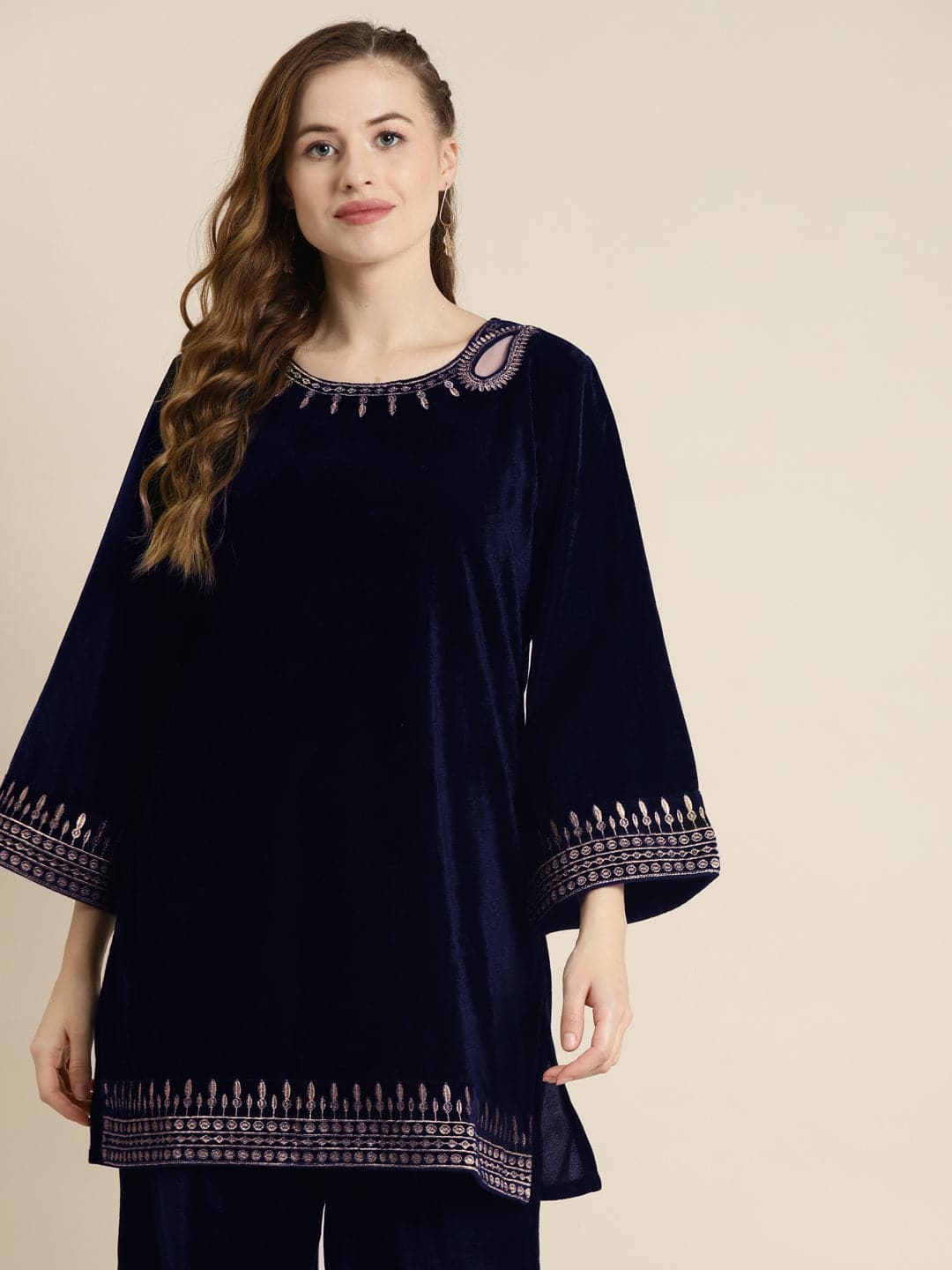 Navy Velvet Zari Embroidered Short Kurta-Shae