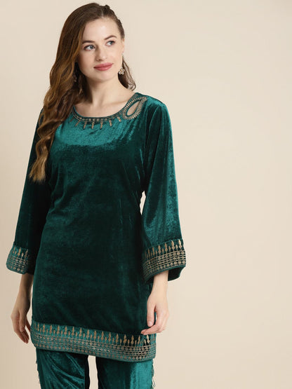 Teal Velvet Zari Embroidered Short Kurta-Kurtas-SASSAFRAS