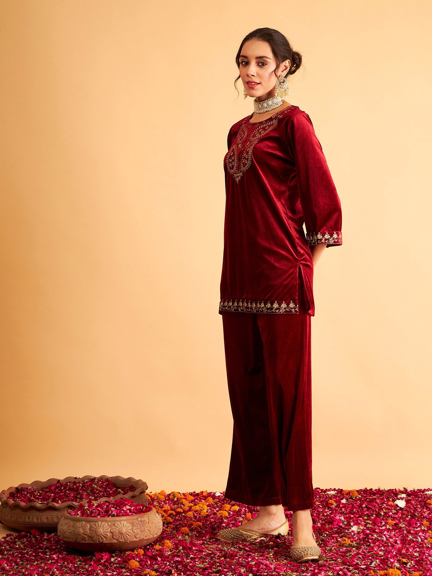 Maroon Velvet Zari Embroidered Short Kurta