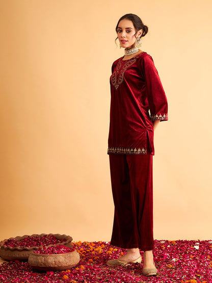 Maroon Velvet Zari Embroidered Short Kurta