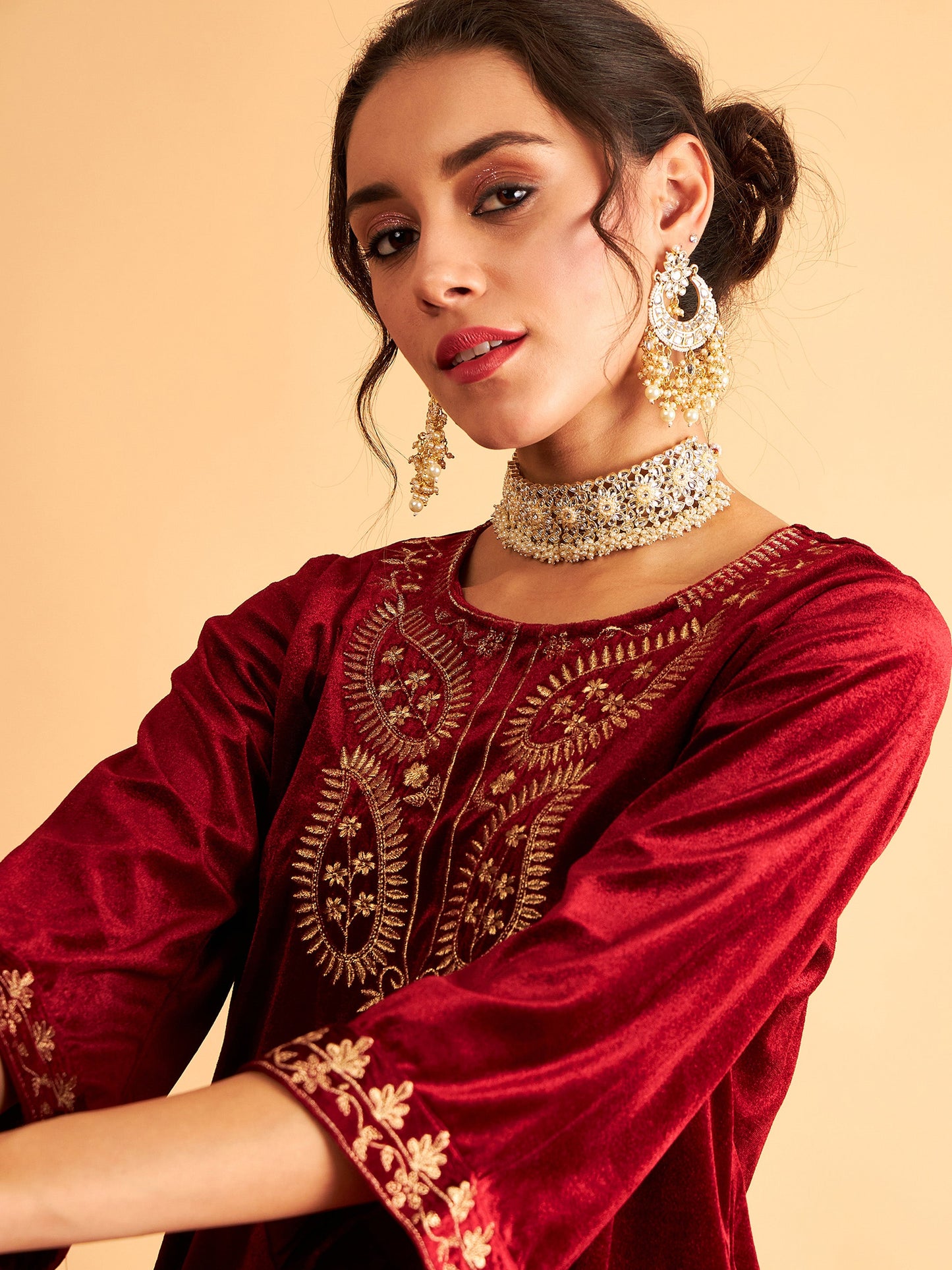 Maroon Velvet Zari Embroidered Short Kurta