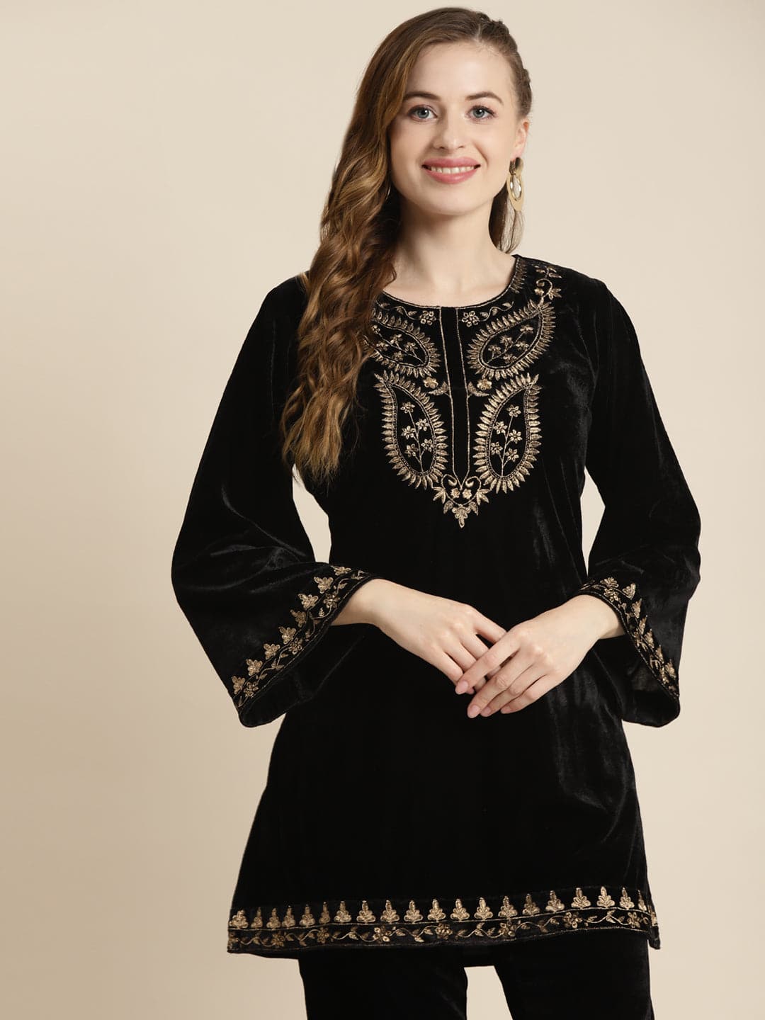 Black Velvet Zari Embroidered Short Kurta-Kurtas-SASSAFRAS