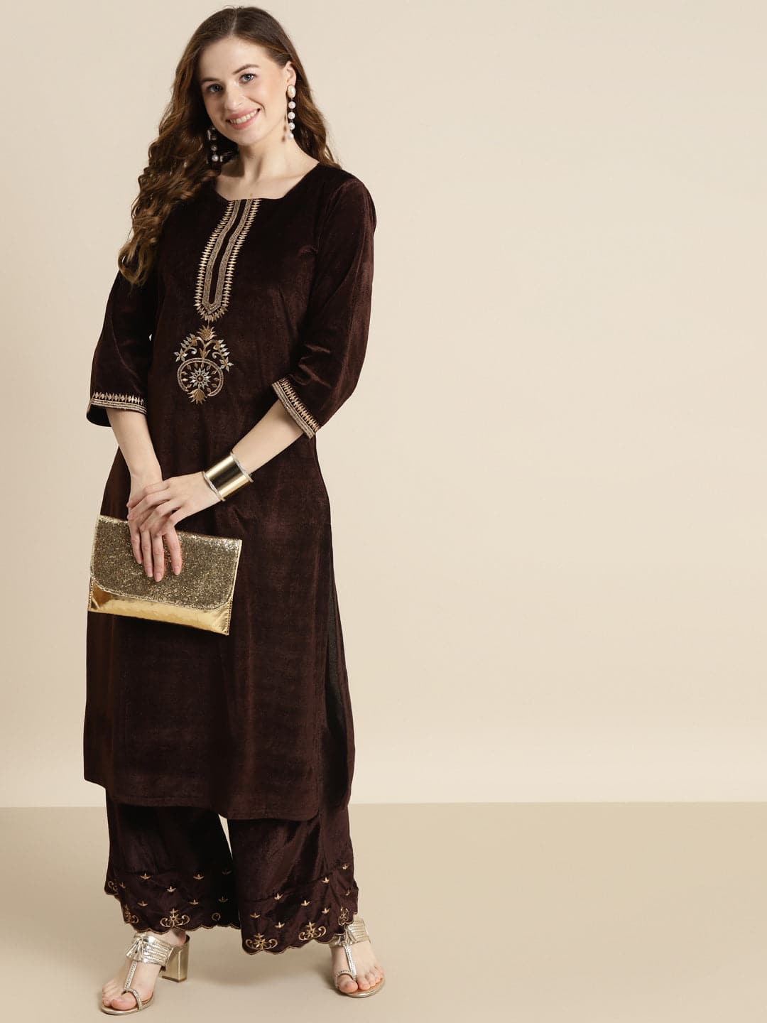 Women's Brown Velvet Zari Embroidered Straight Kurta in Cotton by Shae for wholesale, bulk, supplier, manufacturer and wholesaler buyers from Trendphoria