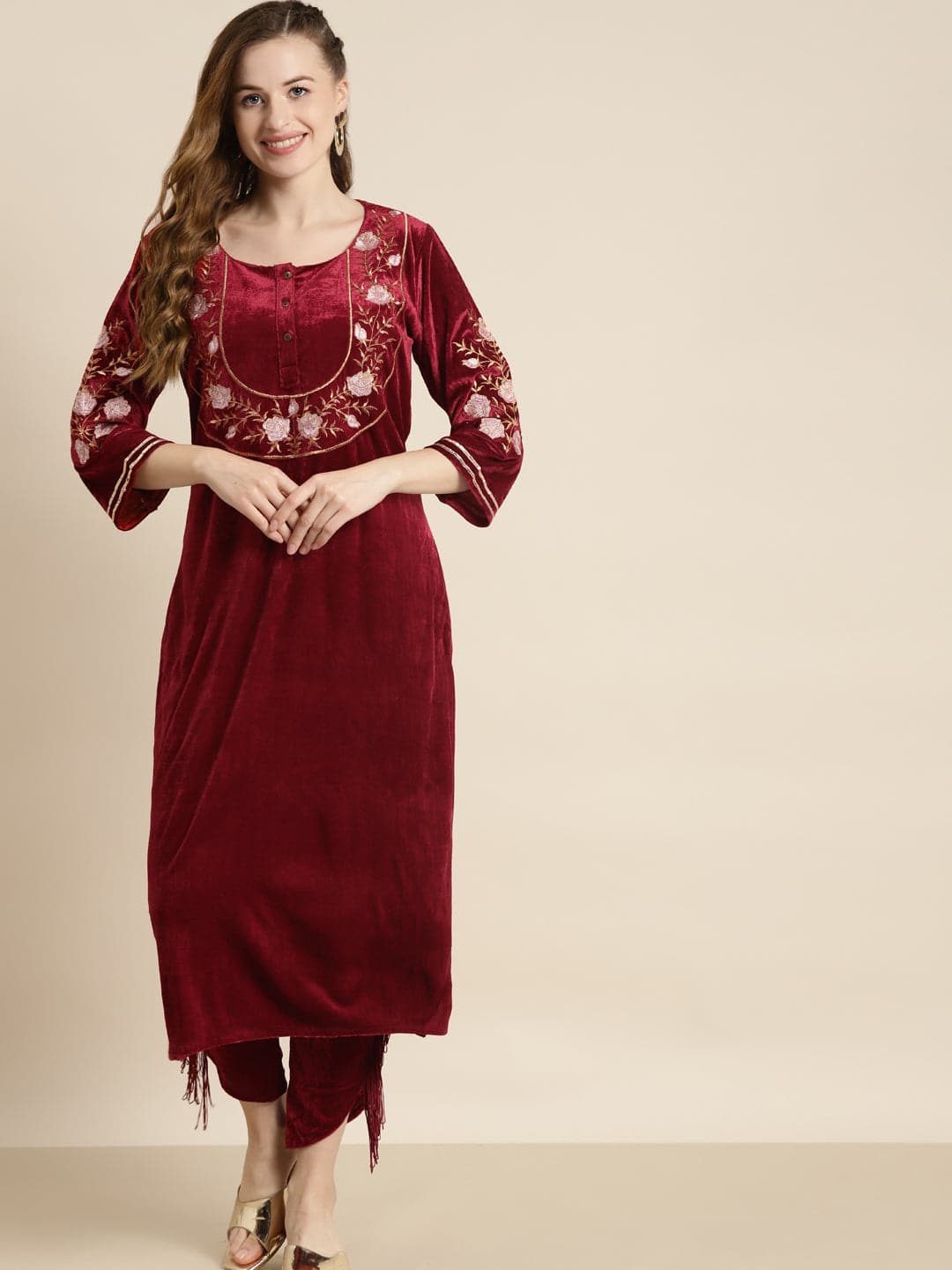 Maroon Velvet Floral Embroidery Straight Kurta-Kurtas-SASSAFRAS