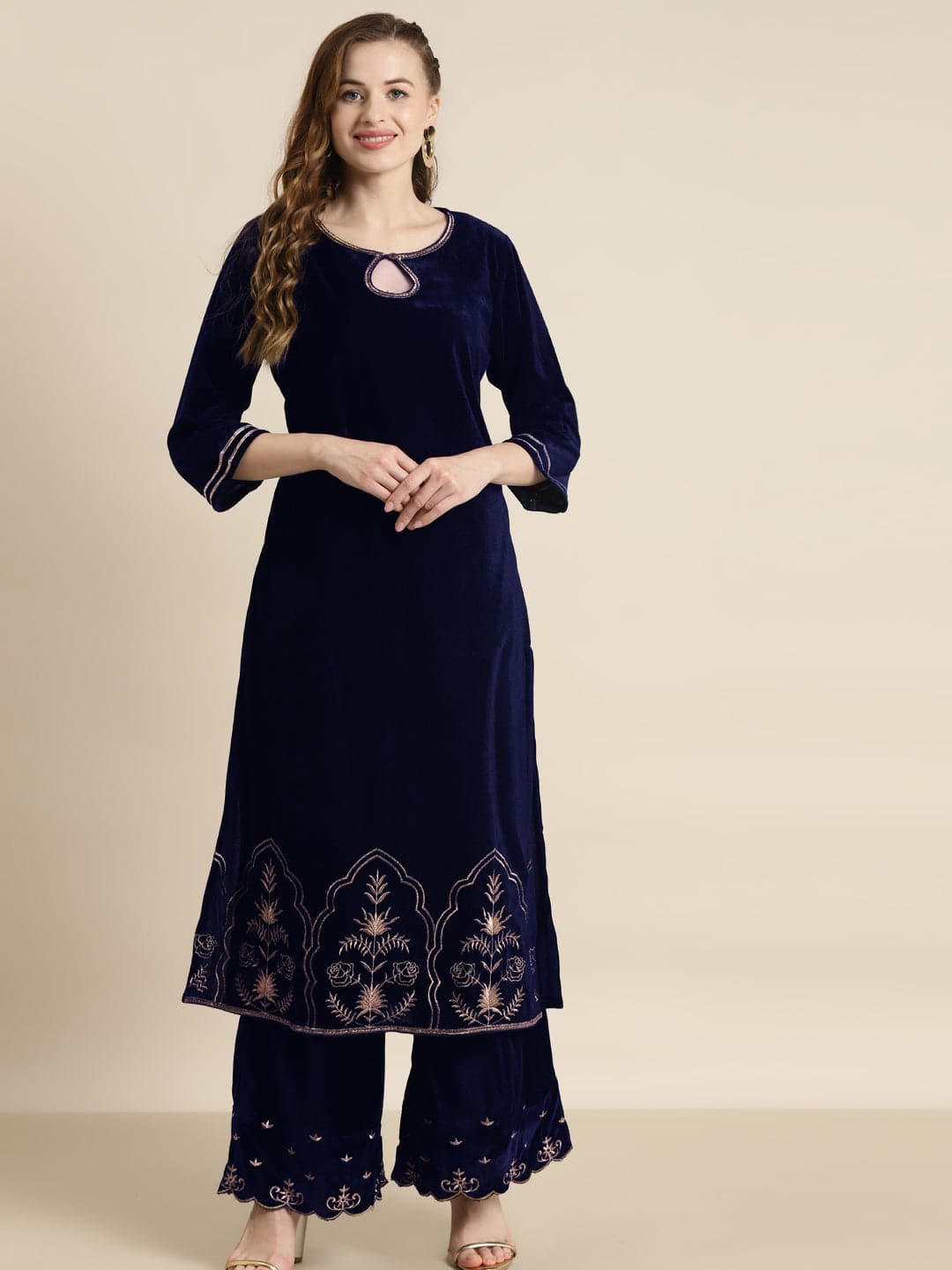 Navy Velvet Hem Zari Embroidered Kurta -Shae