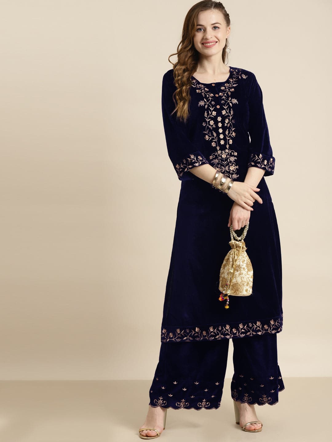 Women's Navy Velvet Floral Zari Embroidery Kurta in Cotton by Shae for wholesale, bulk, supplier, manufacturer and wholesaler buyers from Trendphoria