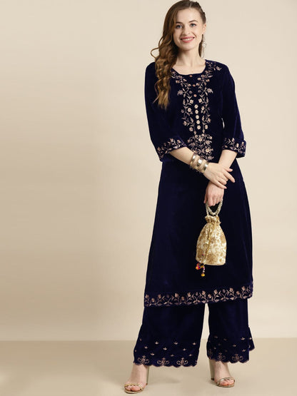 Navy Velvet Floral Zari Embroidery Kurta -Shae