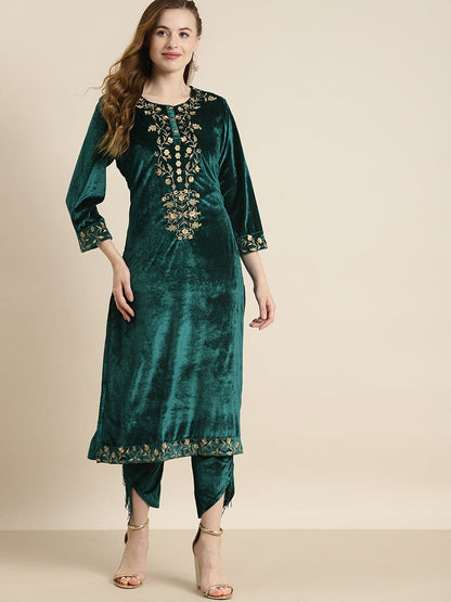 Women's Teal Velvet Floral Zari Embroidery Kurta in Cotton by Shae for wholesale, bulk, supplier, manufacturer and wholesaler buyers from Trendphoria
