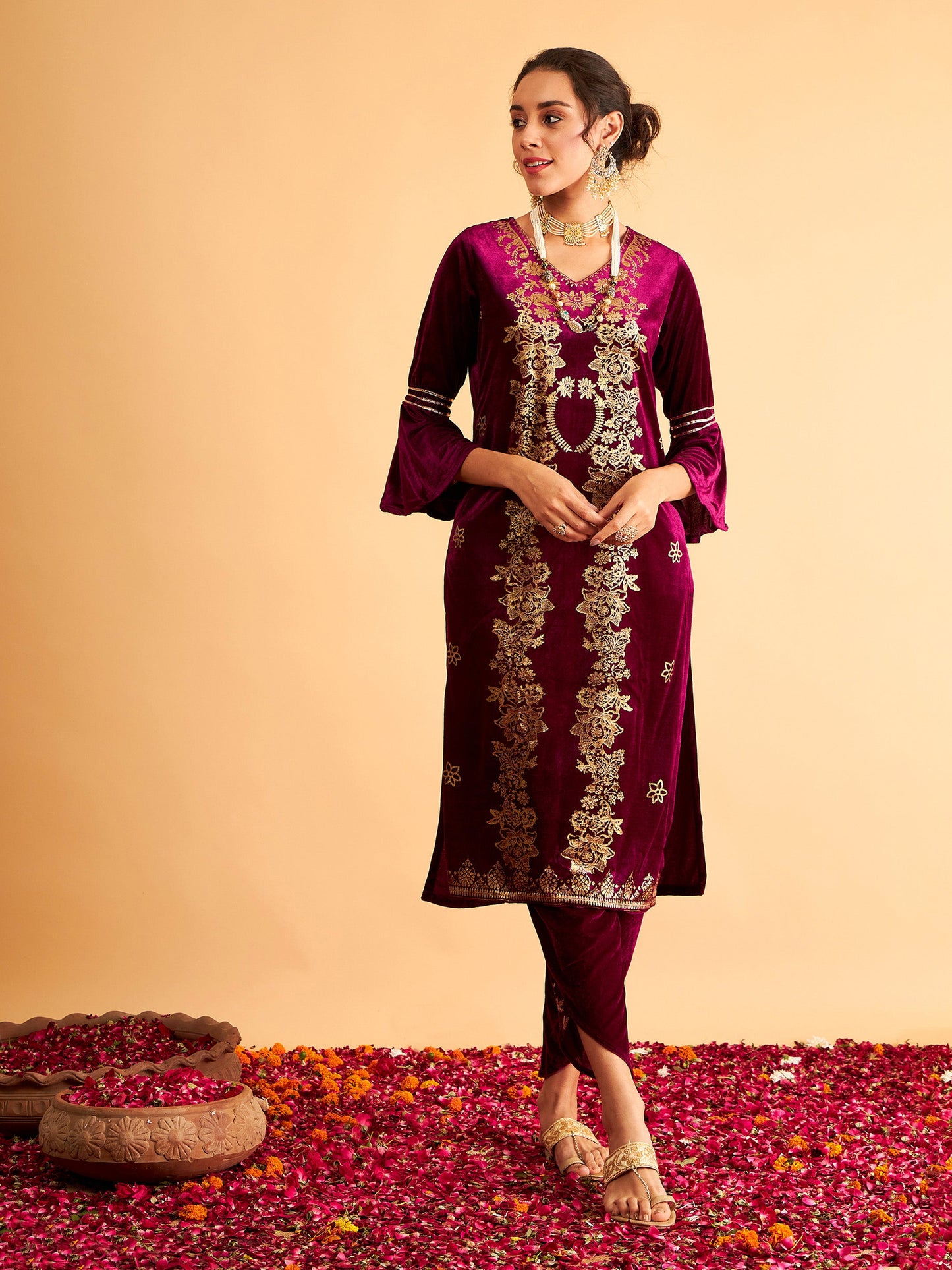 Purple Velvet Foil Print Flared Sleeve Kurta