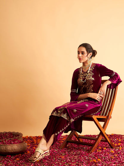 Purple Velvet Foil Print Flared Sleeve Kurta