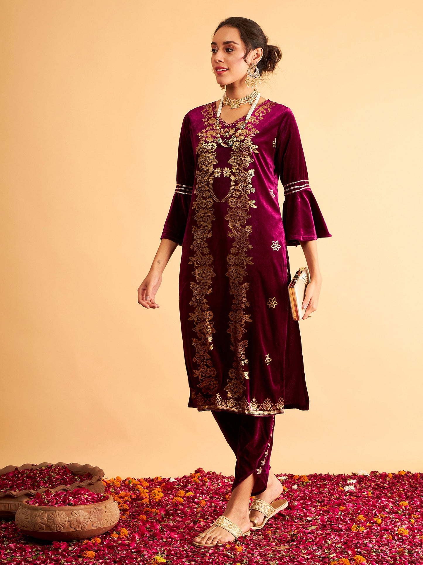 Purple Velvet Foil Print Flared Sleeve Kurta
