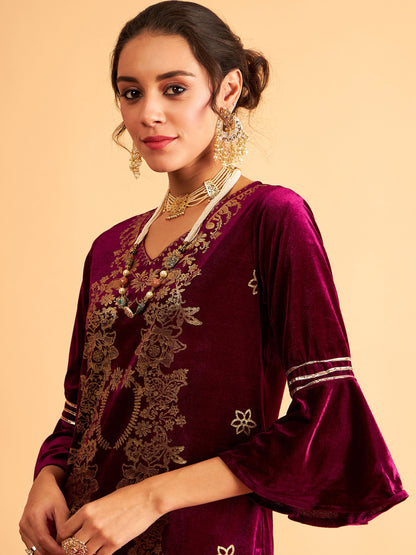 Purple Velvet Foil Print Flared Sleeve Kurta