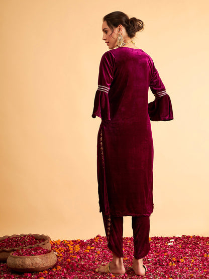 Purple Velvet Foil Print Flared Sleeve Kurta