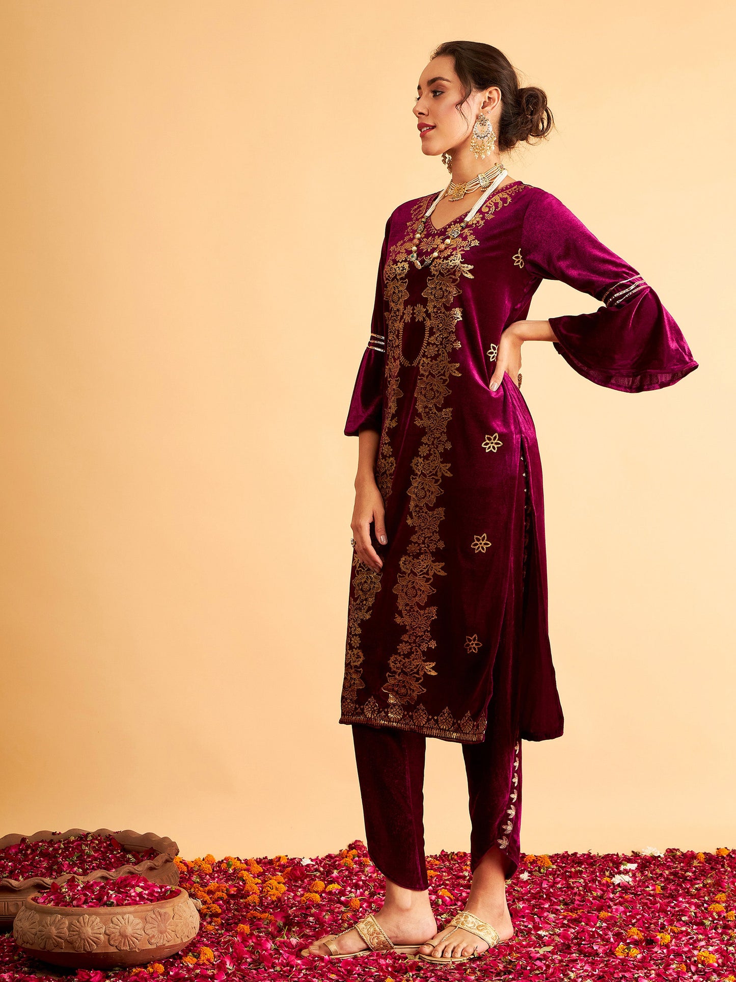 Purple Velvet Foil Print Flared Sleeve Kurta