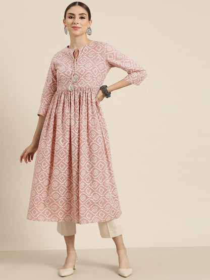 Women Mauve Bandhej Gathered Kurta-Kurtas-SASSAFRAS