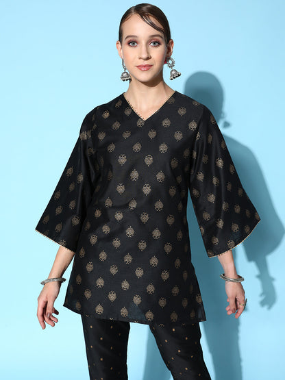 Black Cotton Silk Floral Foil Short Kurta