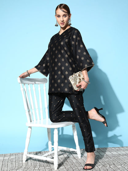 Black Cotton Silk Floral Foil Short Kurta