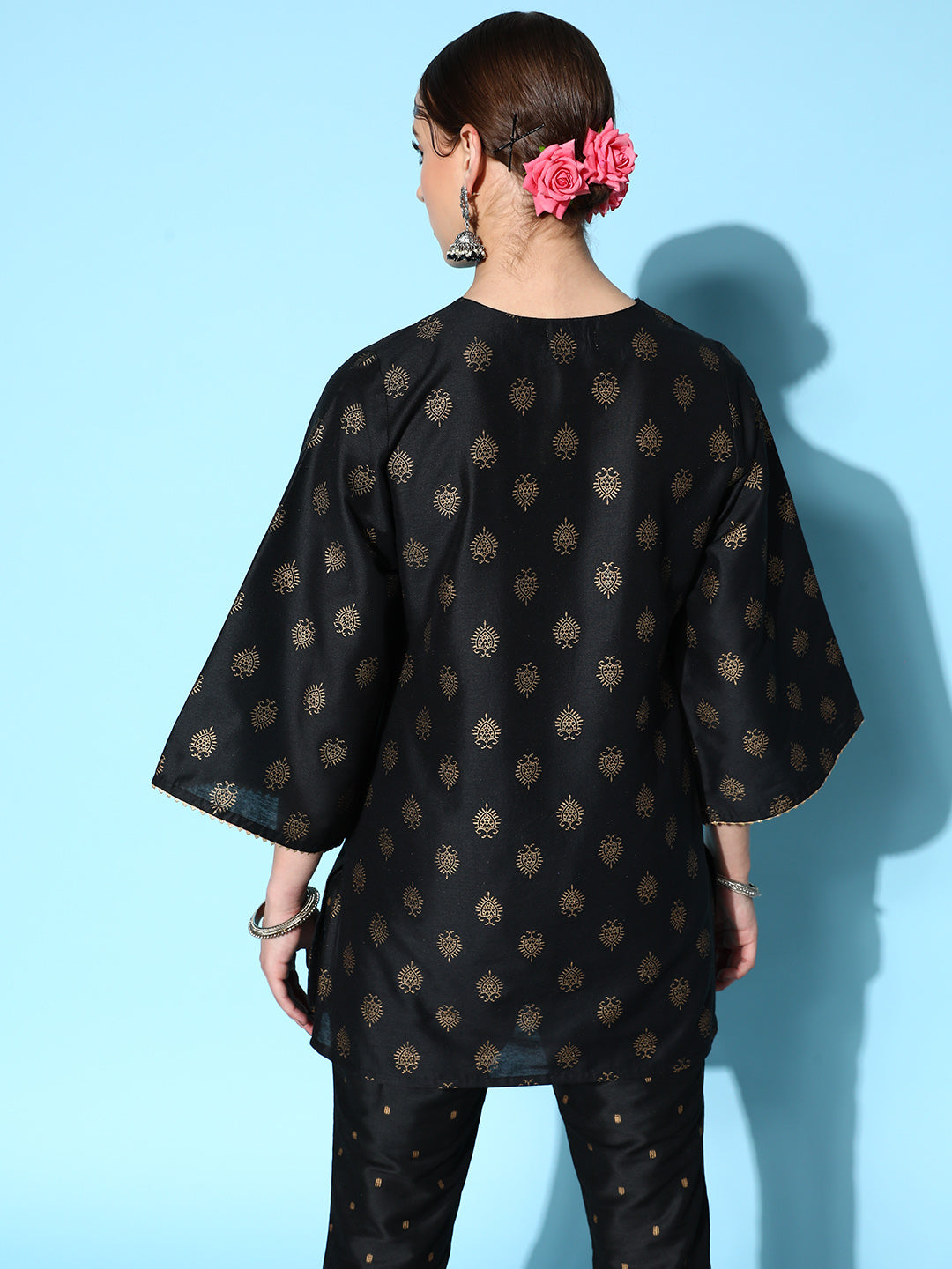 Black Cotton Silk Floral Foil Short Kurta