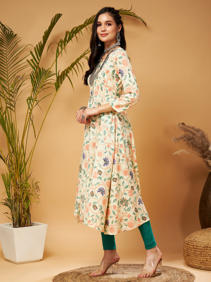 Beige floral Front Open Anarklai Kurta-Shae by SASSAFRAS