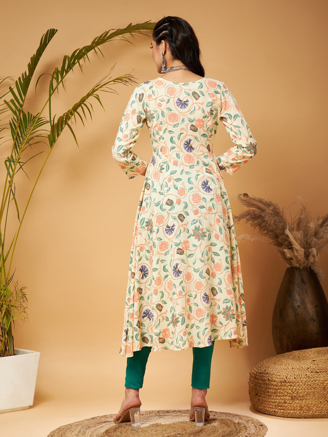 Beige floral Front Open Anarklai Kurta-Shae by SASSAFRAS