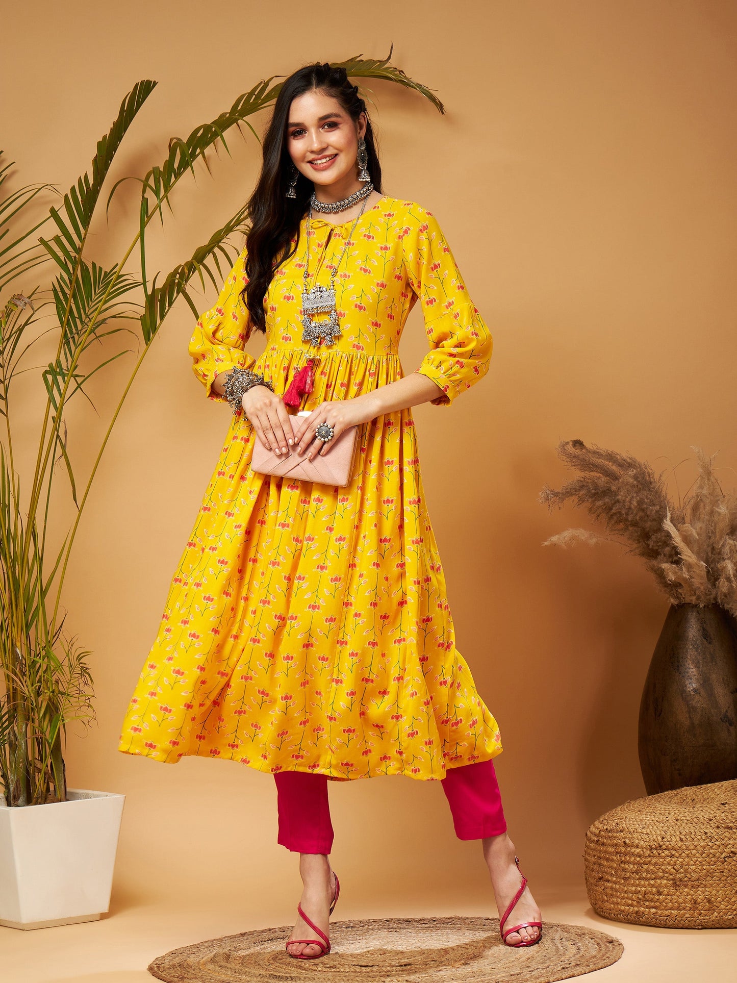 Yellow Floral Bishop Sleeves Tie-Up Kurta-Shae by SASSAFRAS