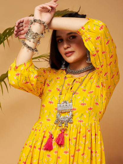Yellow Floral Bishop Sleeves Tie-Up Kurta-Shae by SASSAFRAS