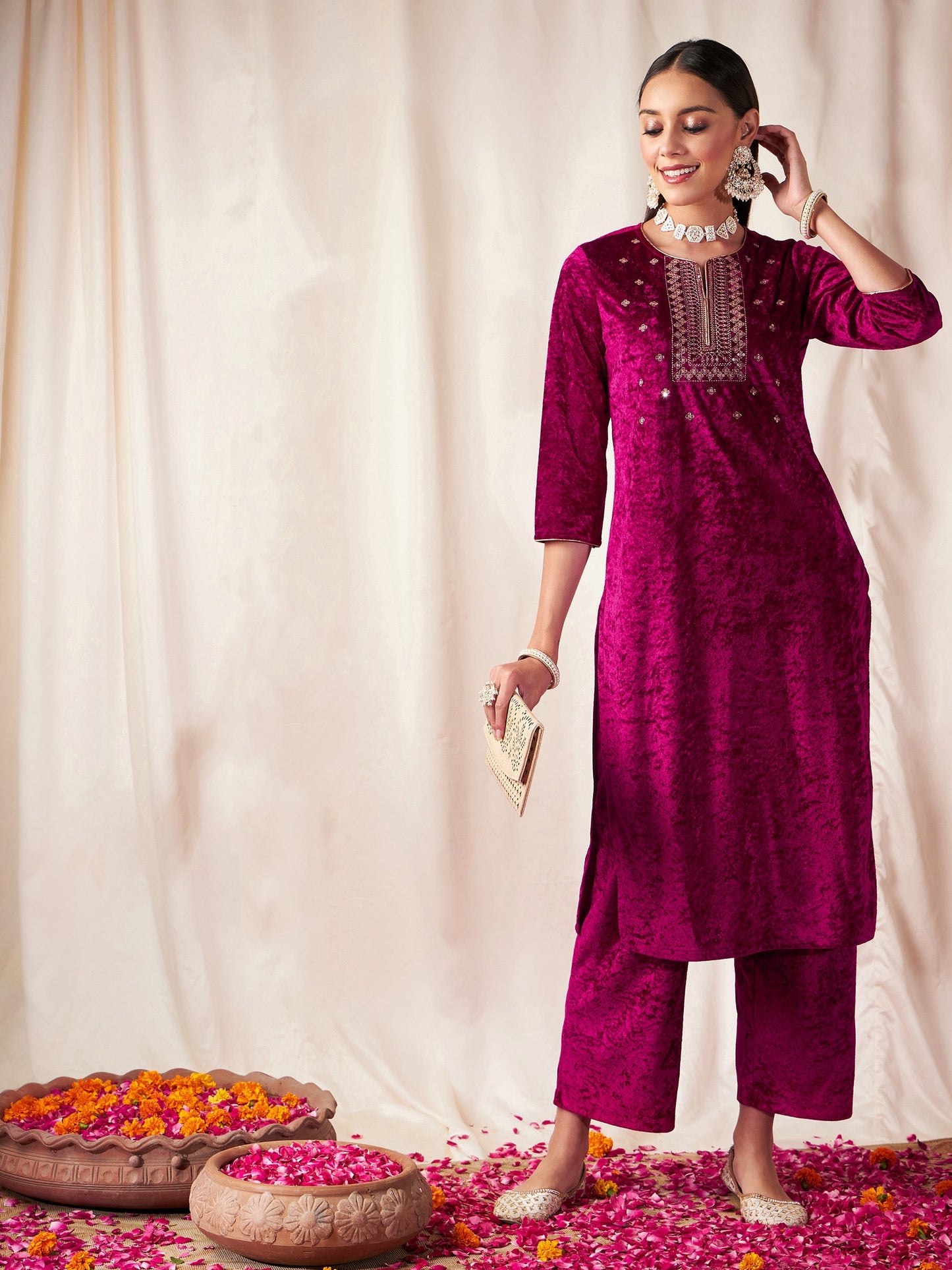 Fuchsia Velvet Front Embroidered Straight Kurta-Shae by SASSAFRAS