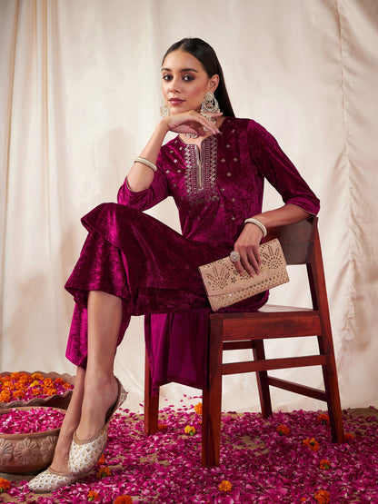 Fuchsia Velvet Front Embroidered Straight Kurta-Shae by SASSAFRAS