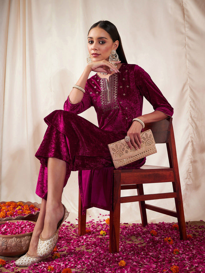 Fuchsia Velvet Front Embroidered Straight Kurta-Shae by SASSAFRAS